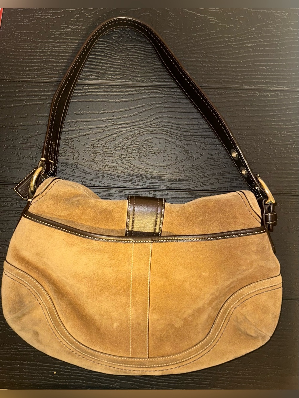 Vintage Coach Y2K Soho Camel Brown Suede Flap Buckle Shoulder Bag Purse F10918 - Picture 3 of 12